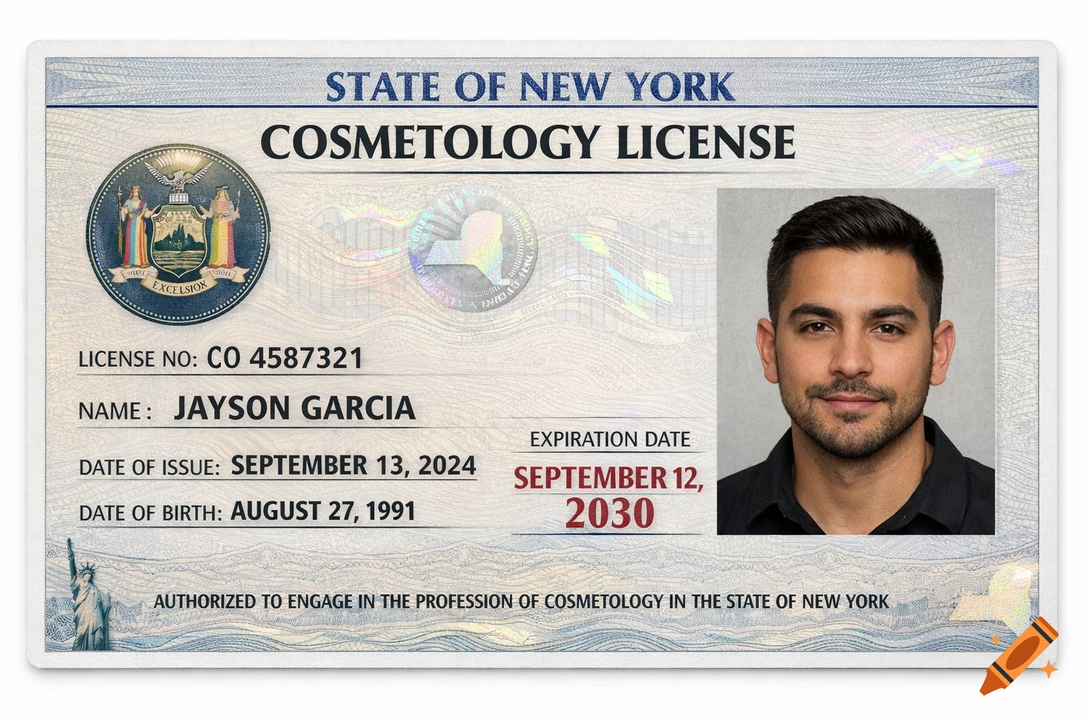 Photorealistic New York Cosmetology License for Jayson Garcia, showing his photo, license number, dates, and official seals.