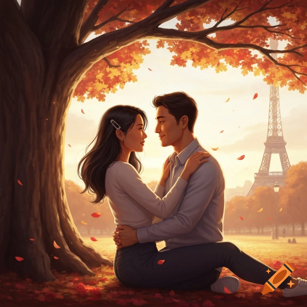 Illustrated scene of an Asian couple embracing under an autumn tree with the Eiffel Tower in the background at sunset.