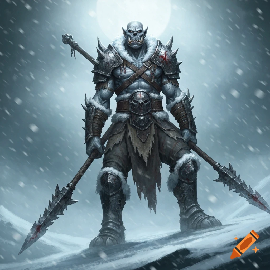 A fierce undead orc warrior in spiked armor and furs, wielding two bloody spears in a snowy landscape under a full moon.