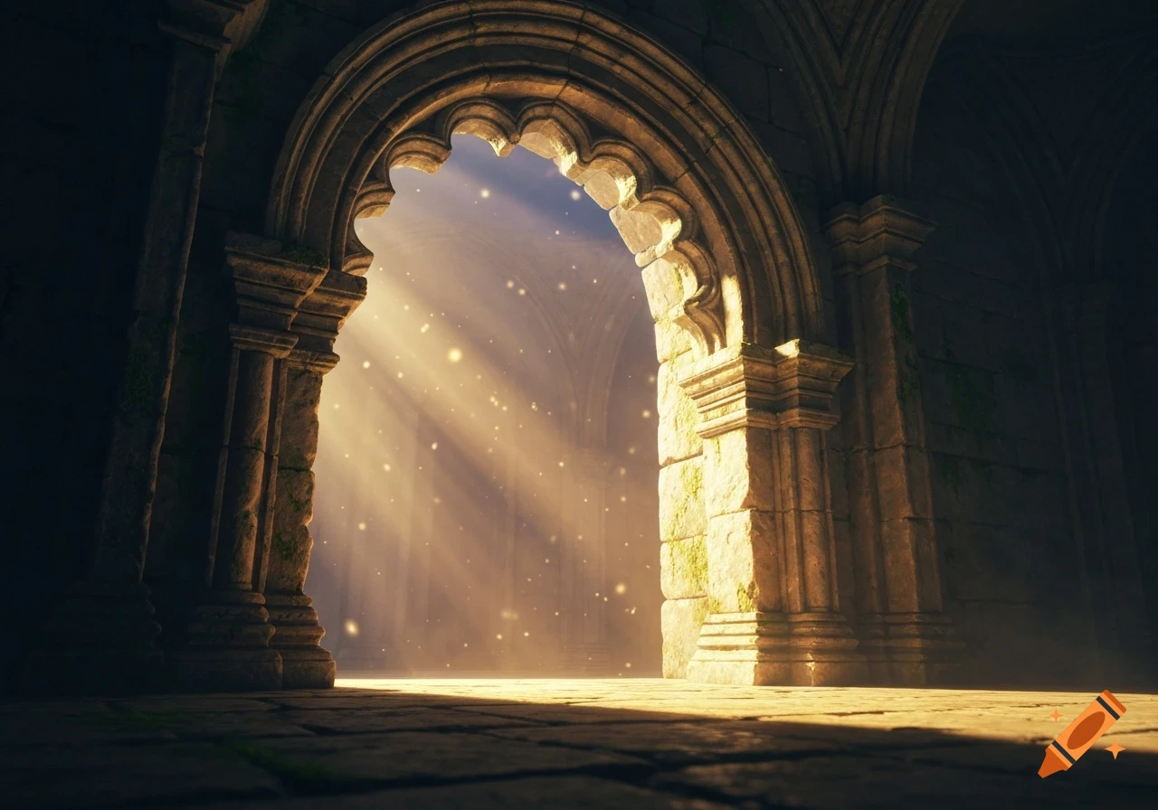 Sunlight streams through a gothic stone archway into a dark, dusty chamber.