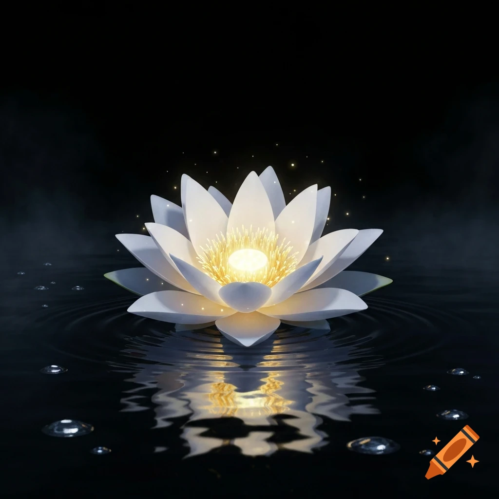 A radiant white lotus flower with a glowing yellow center floats on dark, reflective water, surrounded by tiny sparkling lights.