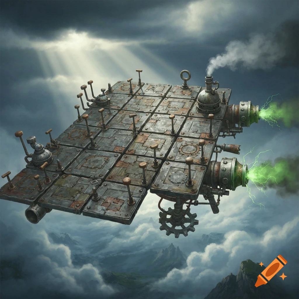 A steampunk-style flying ship made of metal plates and gears, emitting green energy and smoke, flies over cloudy mountains under sunlit skies.