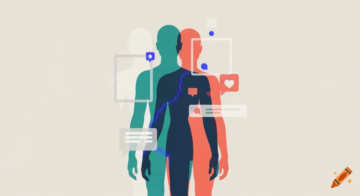 An abstract illustration showing three translucent human silhouettes, with social media icons and frames floating around them.