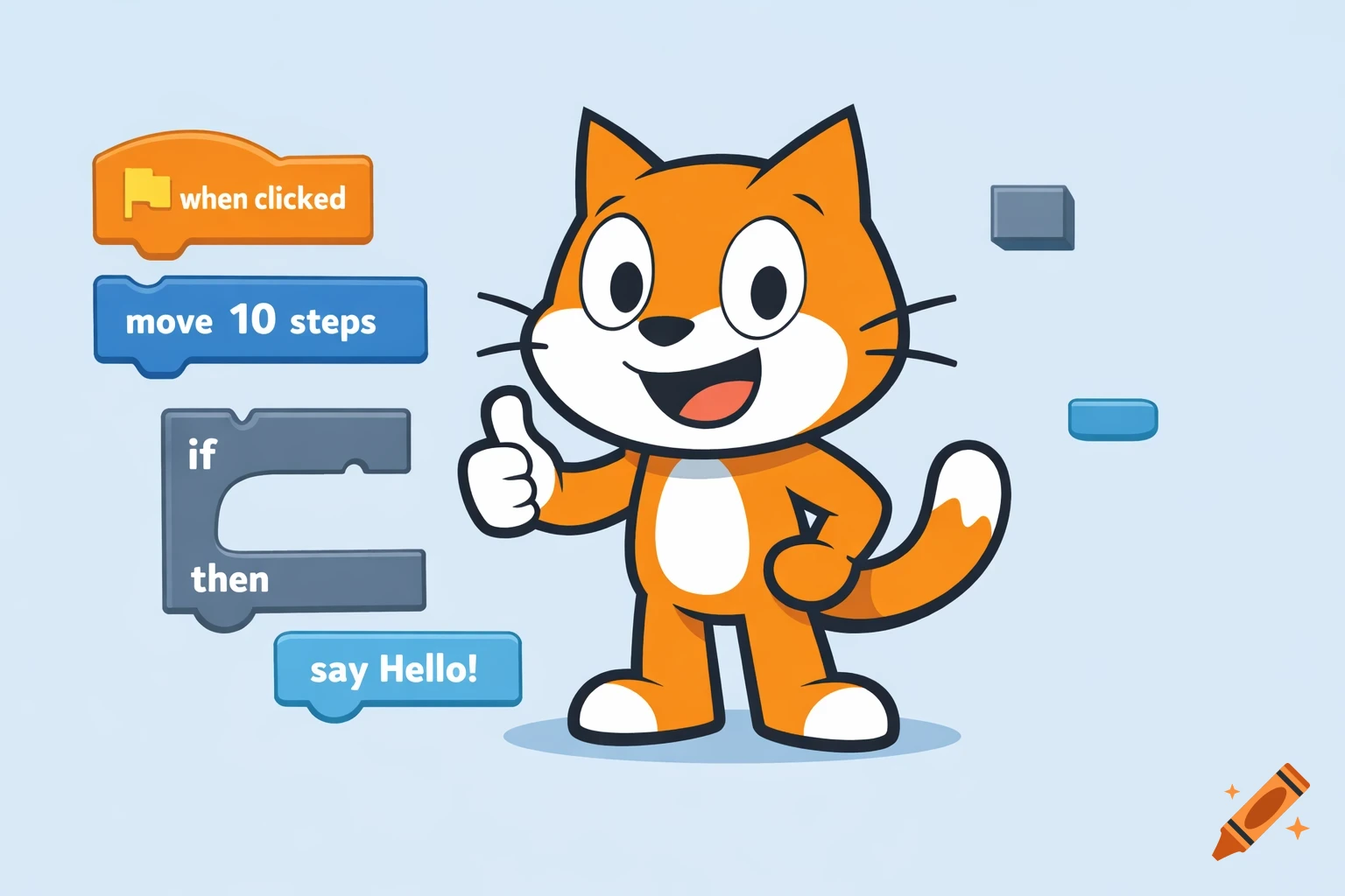 Cartoon Scratch Cat mascot giving a thumbs up next to colorful programming blocks like 'when clicked' and 'move 10 steps'.