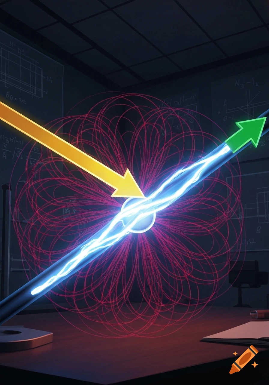 A glowing blue energy beam with a yellow arrow intersecting at a central orb, surrounded by red swirling lines, on a desk with a chalkboard in a dark room.