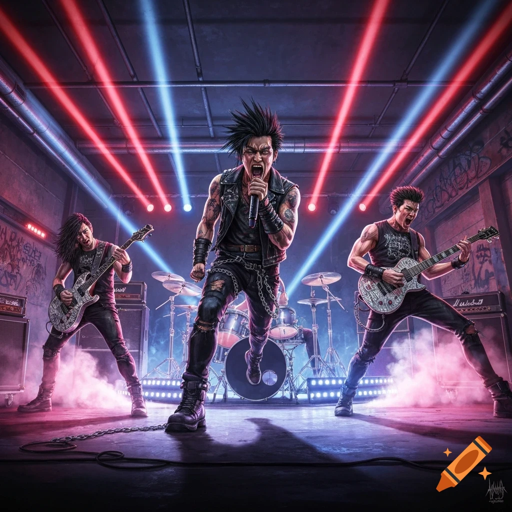 A stylized nu metal band performs on stage under red and blue spotlights, with a drummer in the background. The lead singer, wearing a leather vest and chains, yells into a microphone while two guitarists play on either side.