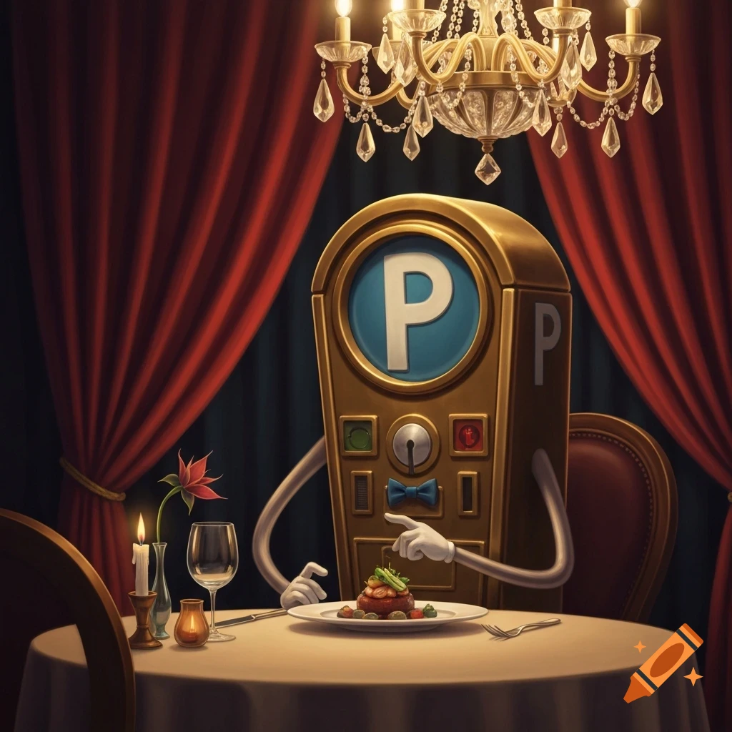 A whimsical parking meter with arms, wearing a bow tie, sits at a fancy restaurant table with a chandelier, red curtains, and a gourmet meal.