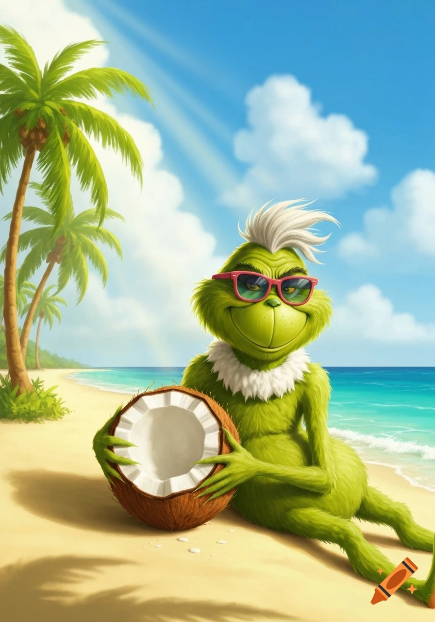 Cartoon Grinch in sunglasses sitting on a sunny beach, holding a coconut, with palm trees and ocean in the background.