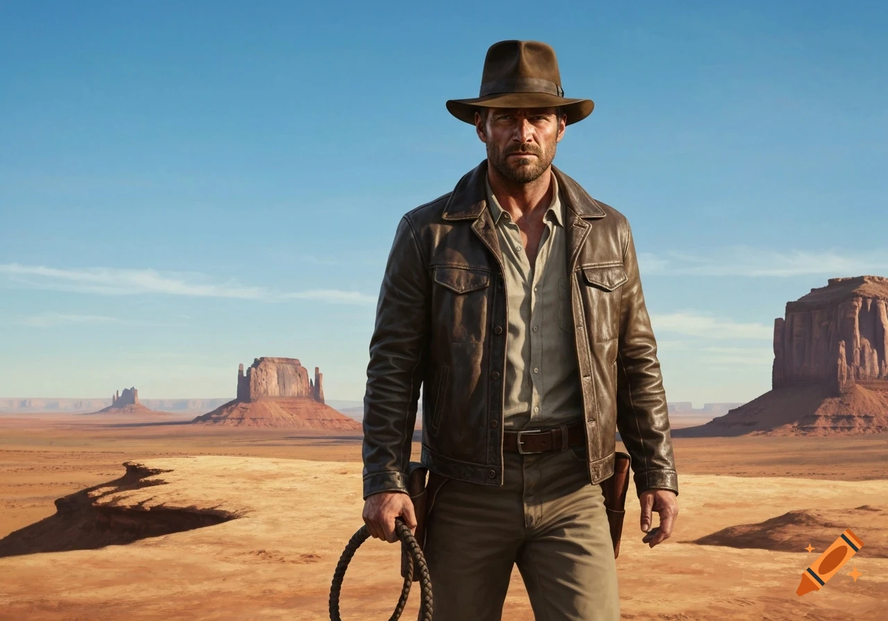 A man resembling Indiana Jones, wearing a fedora and leather jacket, holds a whip in a vast desert with mesas under a clear sky.