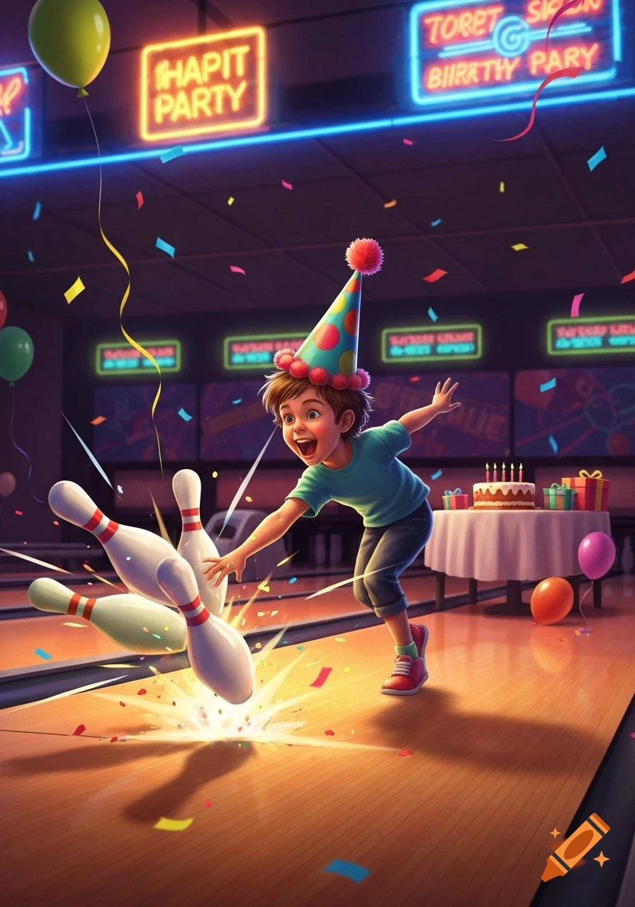 An excited child in a party hat knocks over bowling pins at a vibrant bowling alley birthday party with confetti, balloons, cake, and gifts.
