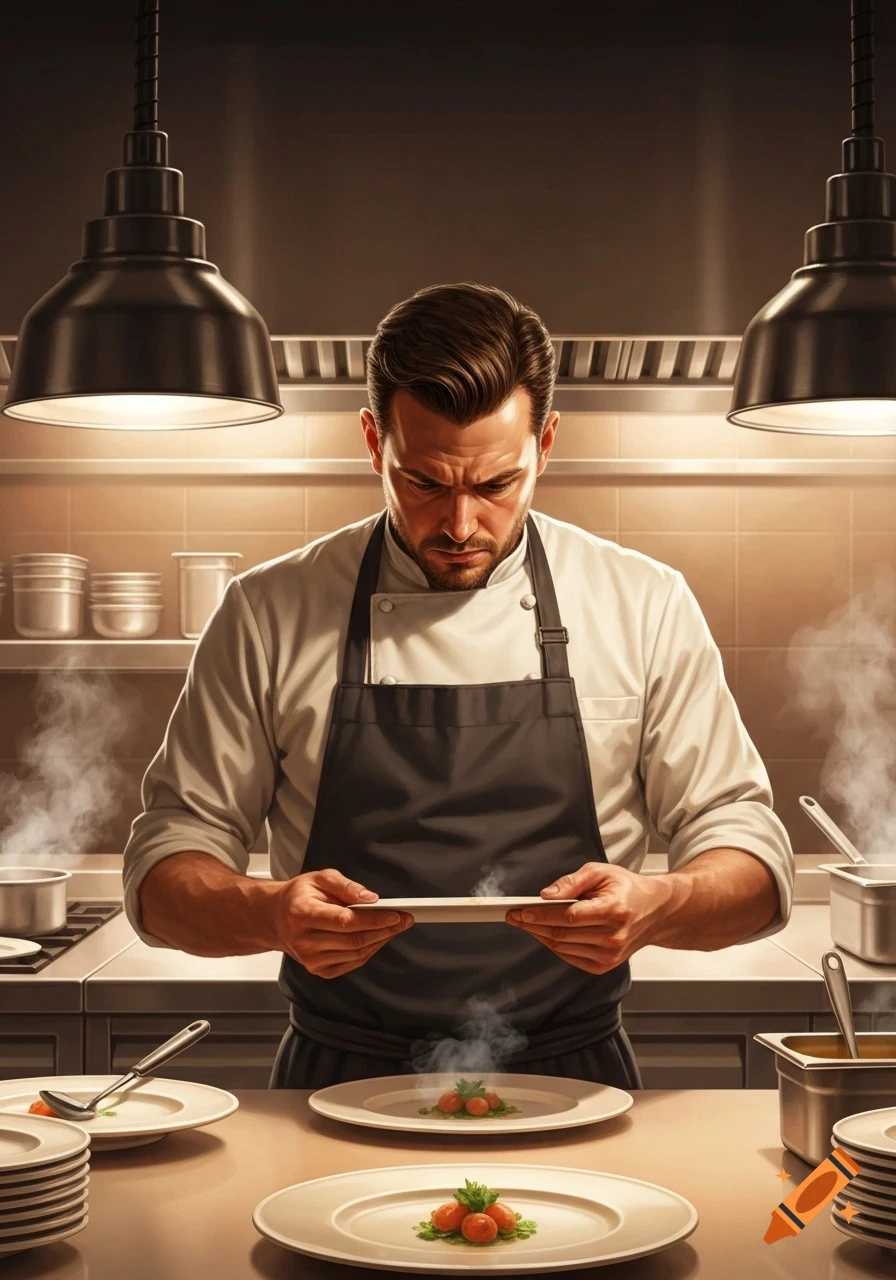 A focused chef in a black apron and white uniform carefully garnishes a plate of food in a professional kitchen.