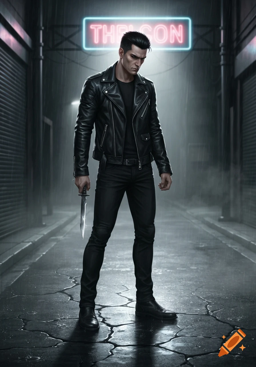 A moody man in a black leather jacket and jeans holds a knife, standing in a rainy alley under a neon sign that reads 'THE CON'.