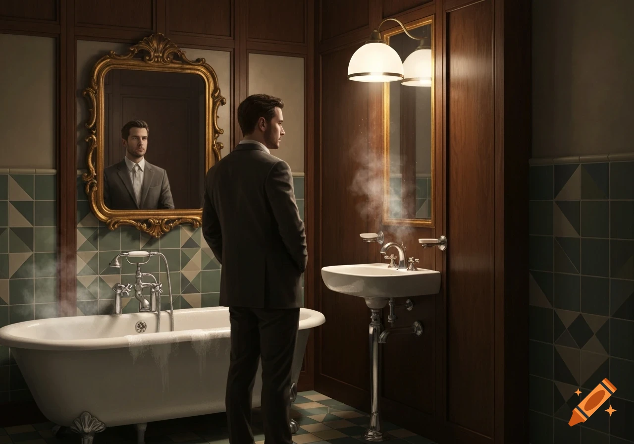 A man in a suit stands in a richly decorated Victorian-style bathroom with a clawfoot tub, sink, and ornate mirror, steam rising.