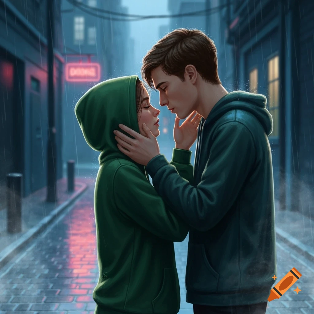 A young couple in green hoodies gaze into each other's eyes, almost kissing in a rainy city alley at night, digital art.
