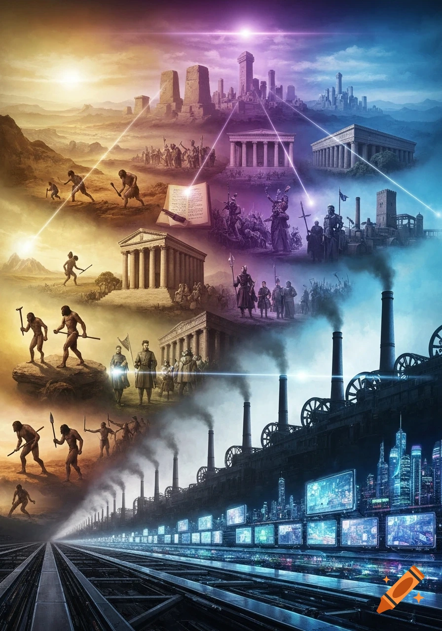 An intricate, colorful montage depicting the evolution of humanity from prehistoric times to a futuristic city, connected by glowing lines.