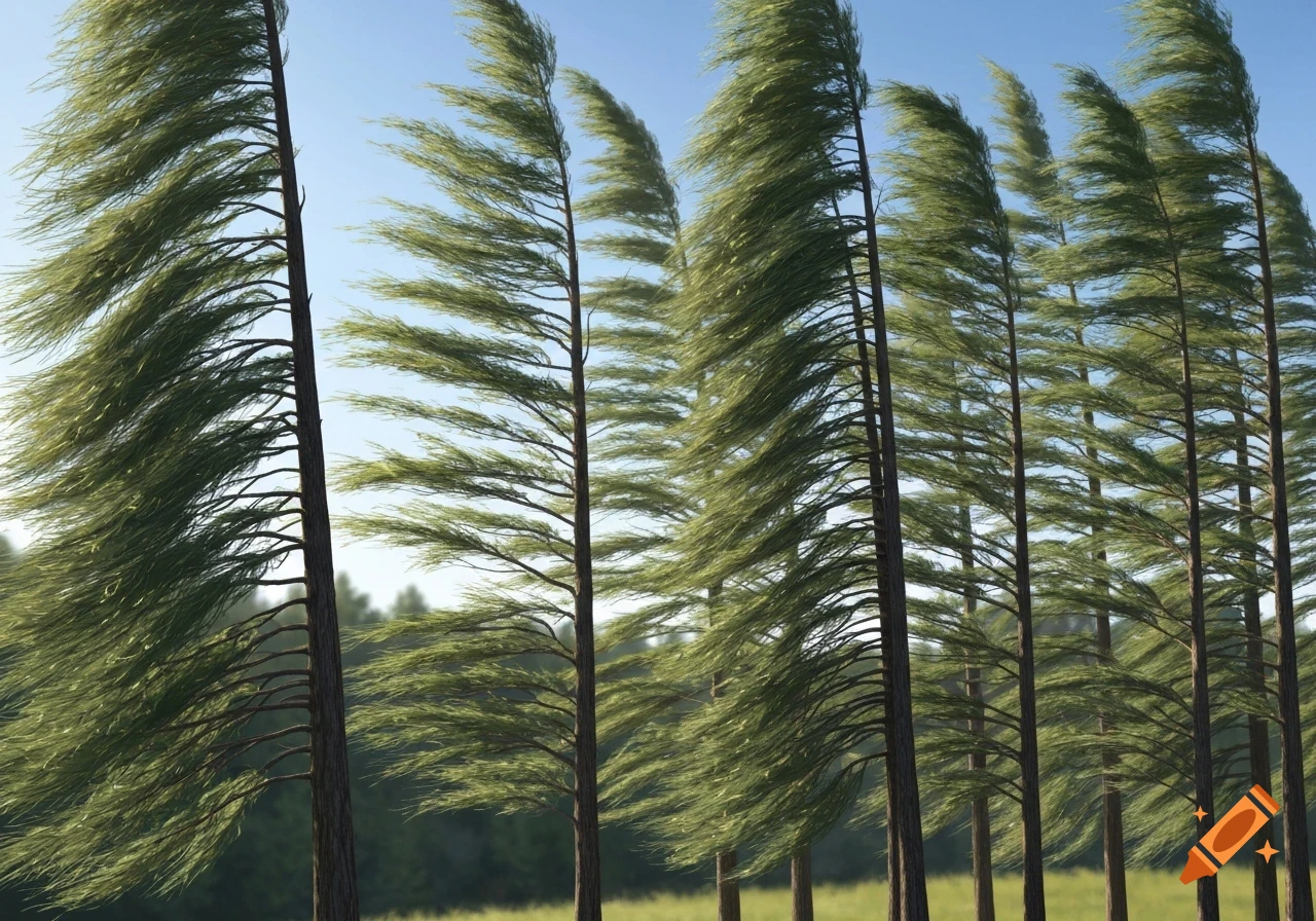 Tall cypress trees with flowing, hair-like foliage sway in the wind against a clear blue sky, evoking a serene natural atmosphere.