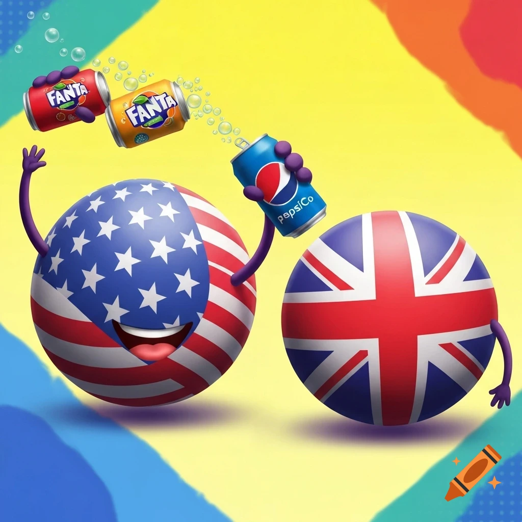A cartoon USA flag countryball smiles, holding two Fanta cans, next to a UK flag countryball holding a PepsiCo can on a yellow background.