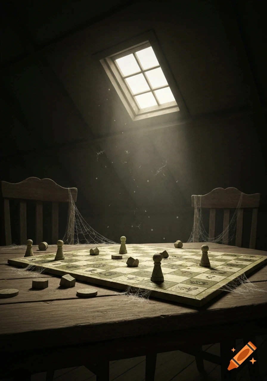 An old, dusty chessboard with pawns and rock-like pieces sits on a wooden table in a dimly lit attic, light streaming from a skylight.
