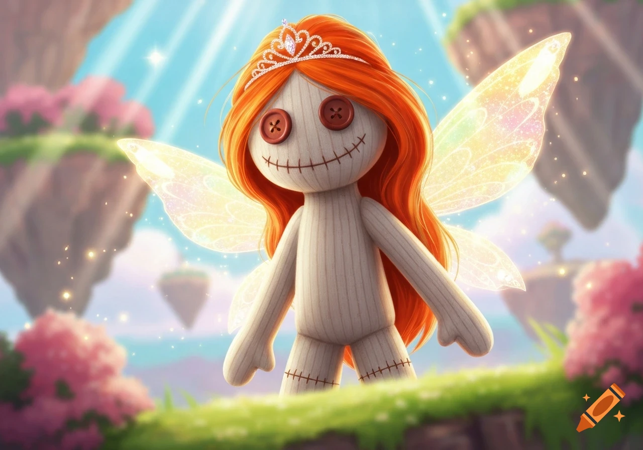 A whimsical rag doll fairy with orange hair, button eyes, stitched smile, sparkling wings, and a tiara, on a floating grassy island.