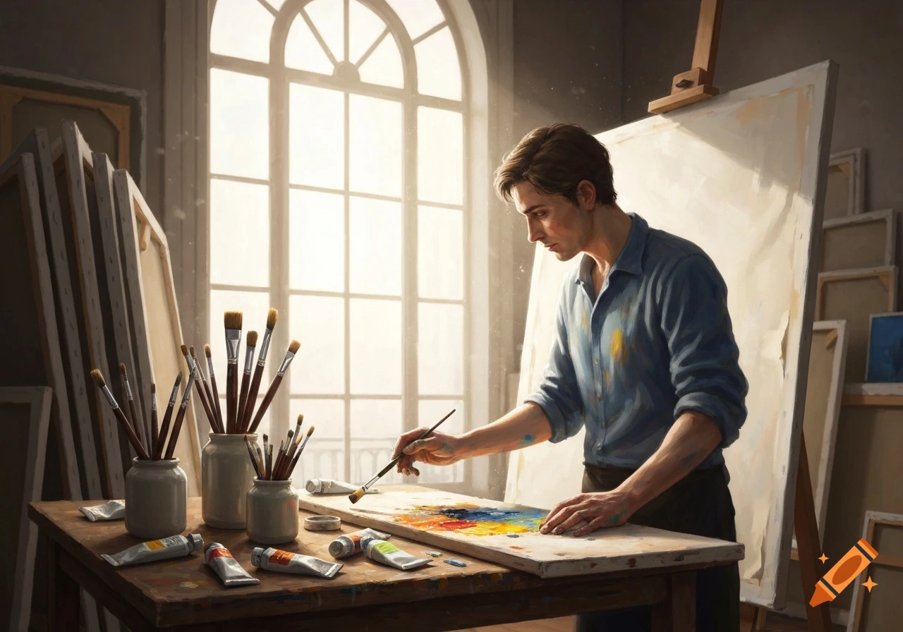 A painter works on a colorful artwork at a wooden table in a sunlit art studio, surrounded by brushes and paint tubes.