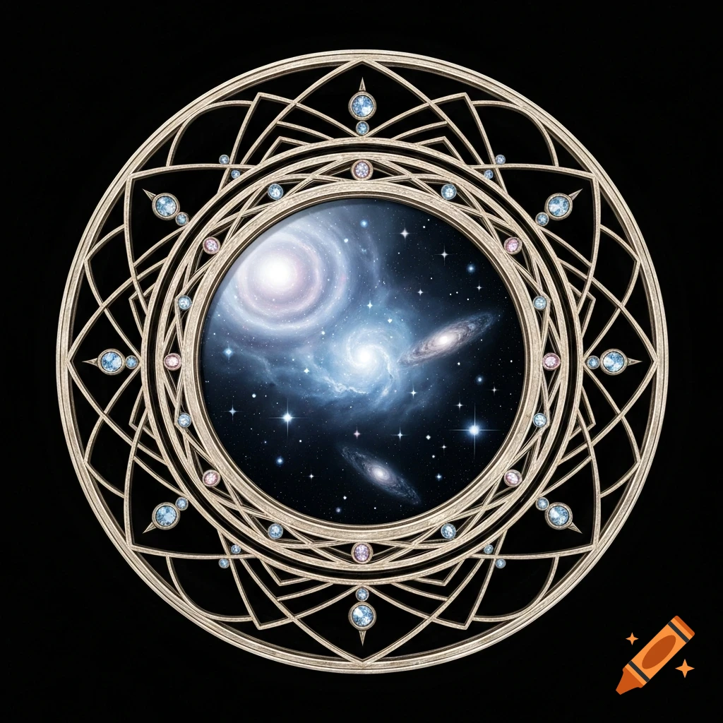 An ornate golden mandala, encrusted with blue and pink gems, frames a swirling galaxy with nebulas and stars against a black background.
