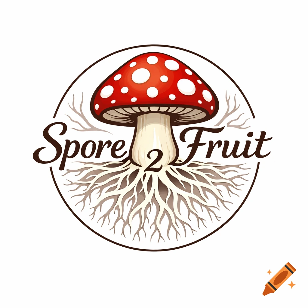 A circular logo featuring a red and white spotted mushroom with a cream stem and radiating root-like mycelium, with "Spore 2 Fruit" text.
