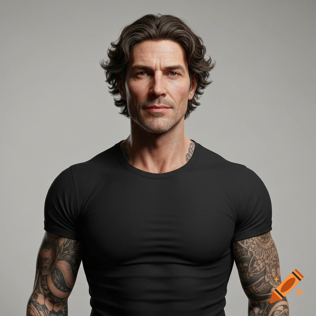 A photorealistic portrait of an attractive man with dark, wavy hair, stubble, and full arm tattoos, wearing a black t-shirt, looking directly at the camera.