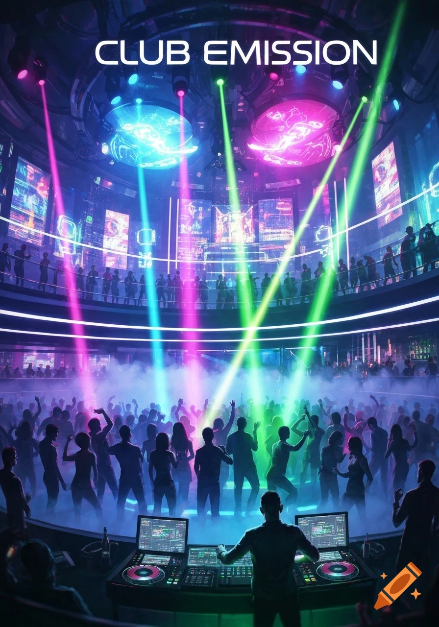 A bustling, multi-level nightclub scene with a DJ, dancing crowd, and vibrant pink, blue, and green laser lights cutting through smoke.