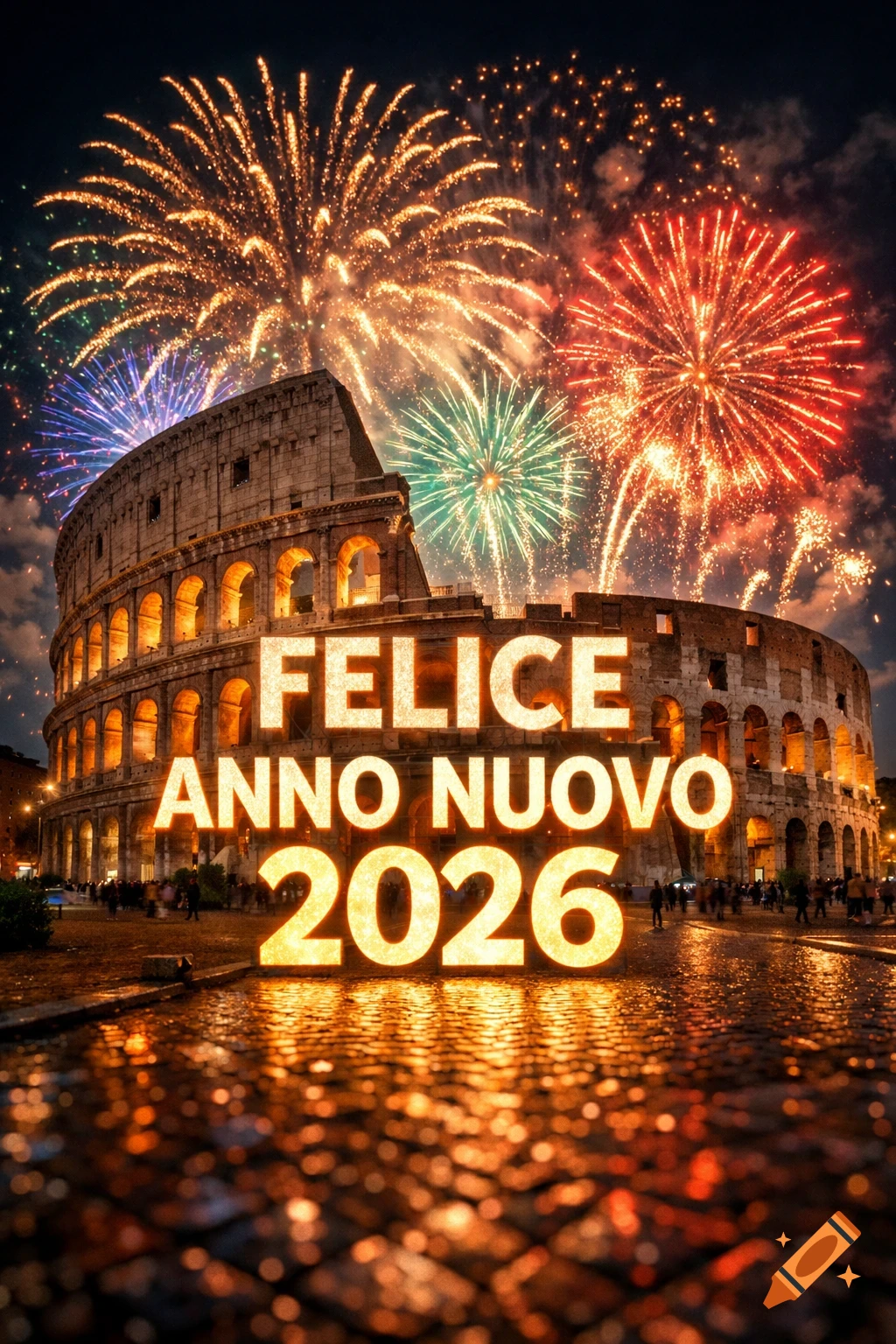Photorealistic Colosseum at night with vibrant fireworks and 'FELICE ANNO NUOVO 2026' glowing on wet ground.