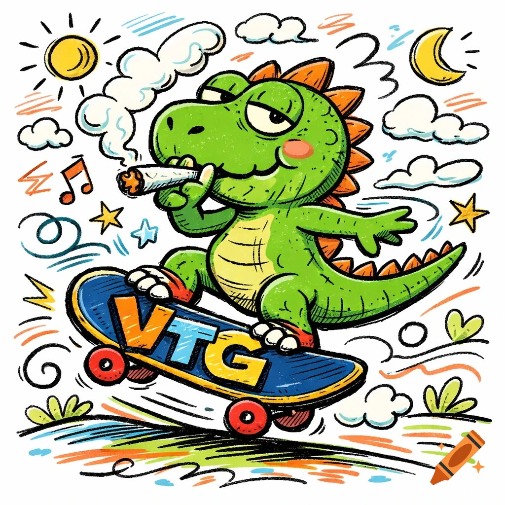 A green cartoon dinosaur with orange spikes smokes a joint while skateboarding, with 'VTG' on its board, in a doodle art style.