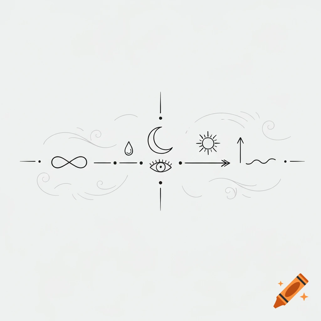 Minimalist hand-drawn line art of esoteric symbols including infinity, a drop, crescent moon, eye, sun, an arrow, and a wavy line on a white background.