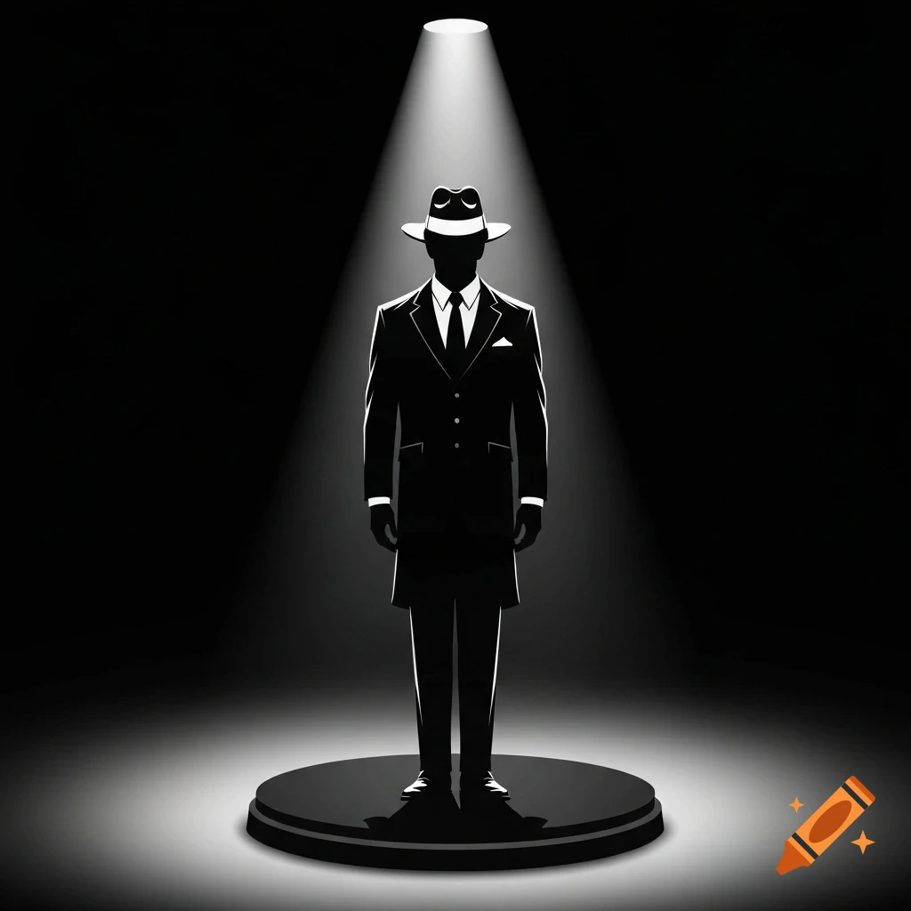 A stylized silhouette of a man in a fedora and suit, standing on a circular base under a spotlight.