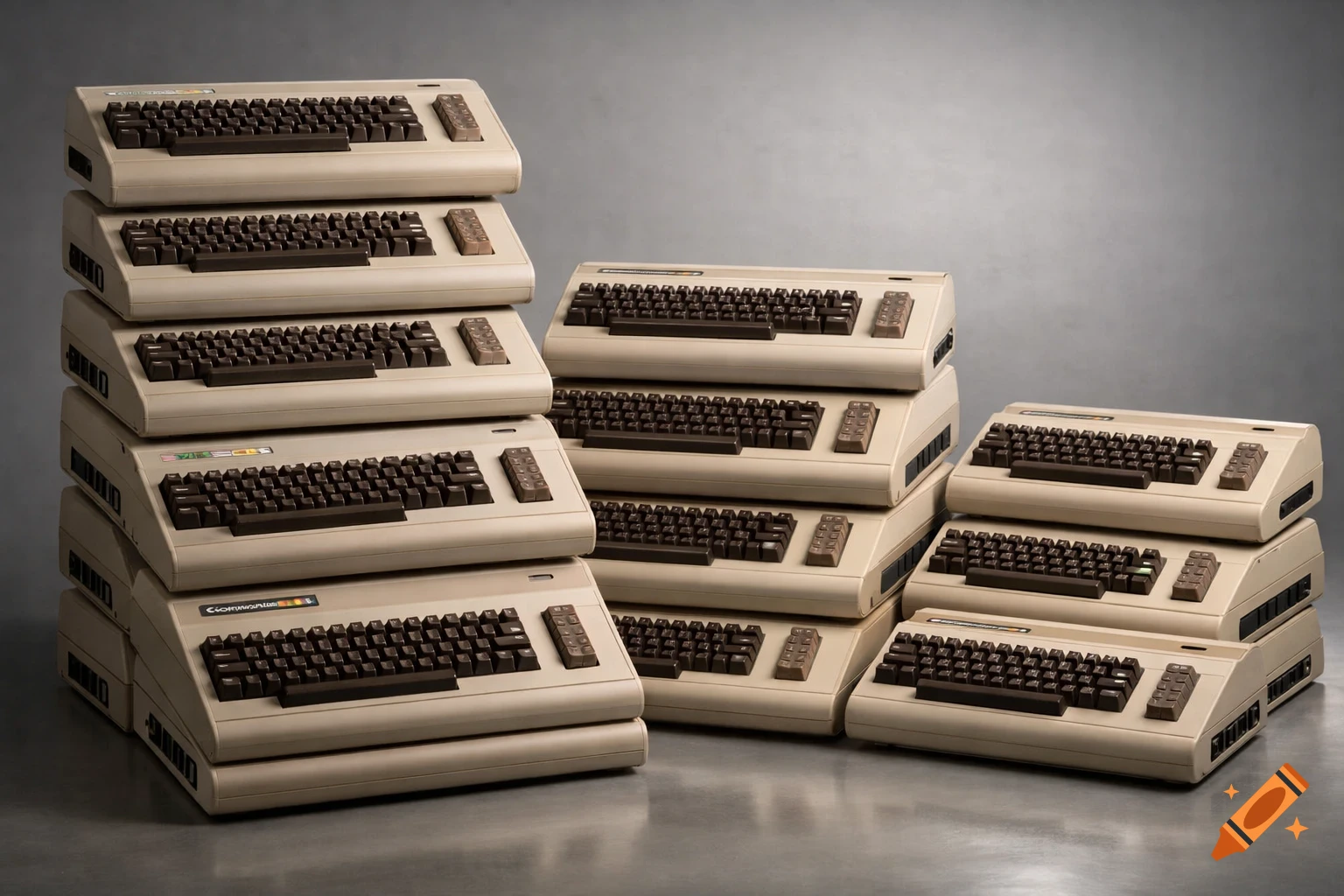Photorealistic studio photograph of multiple stacked vintage Commodore 64 computers with beige cases and brown keycaps on a gray background.