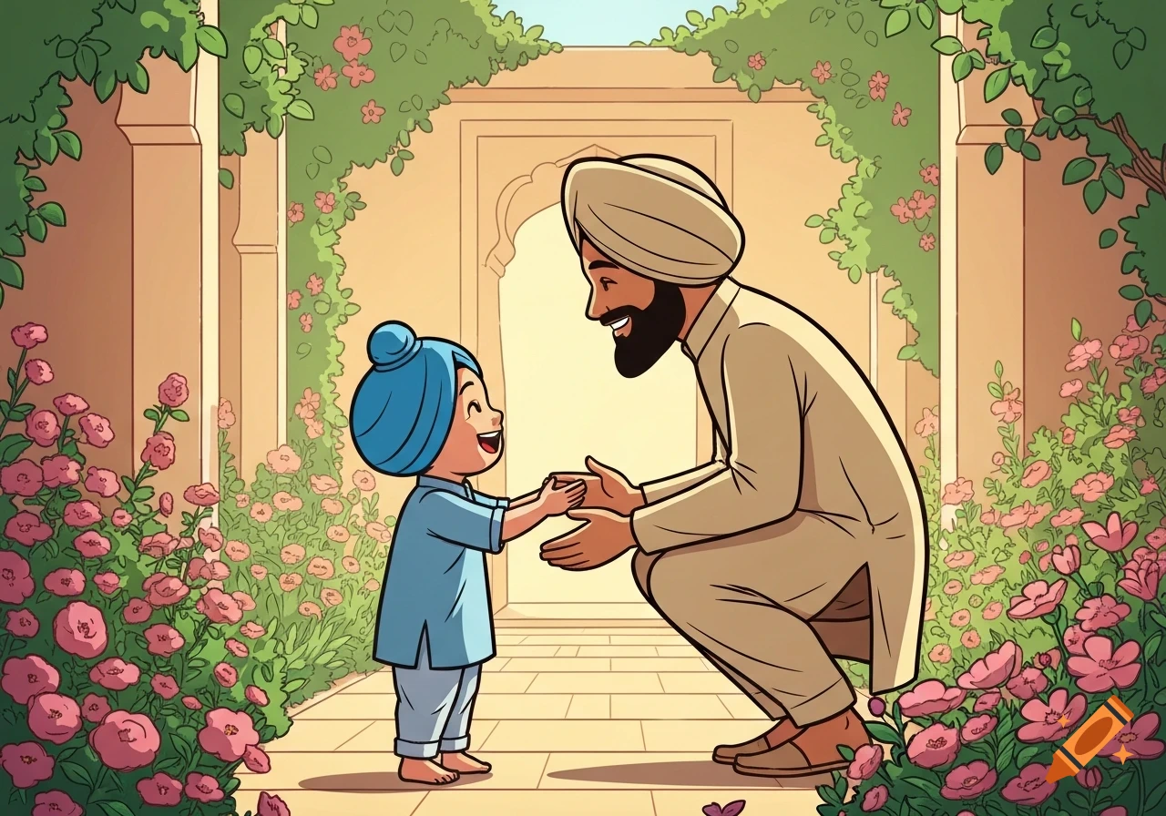 Cartoon of a Sikh father crouching to greet his young son in a sunny courtyard filled with pink flowers.