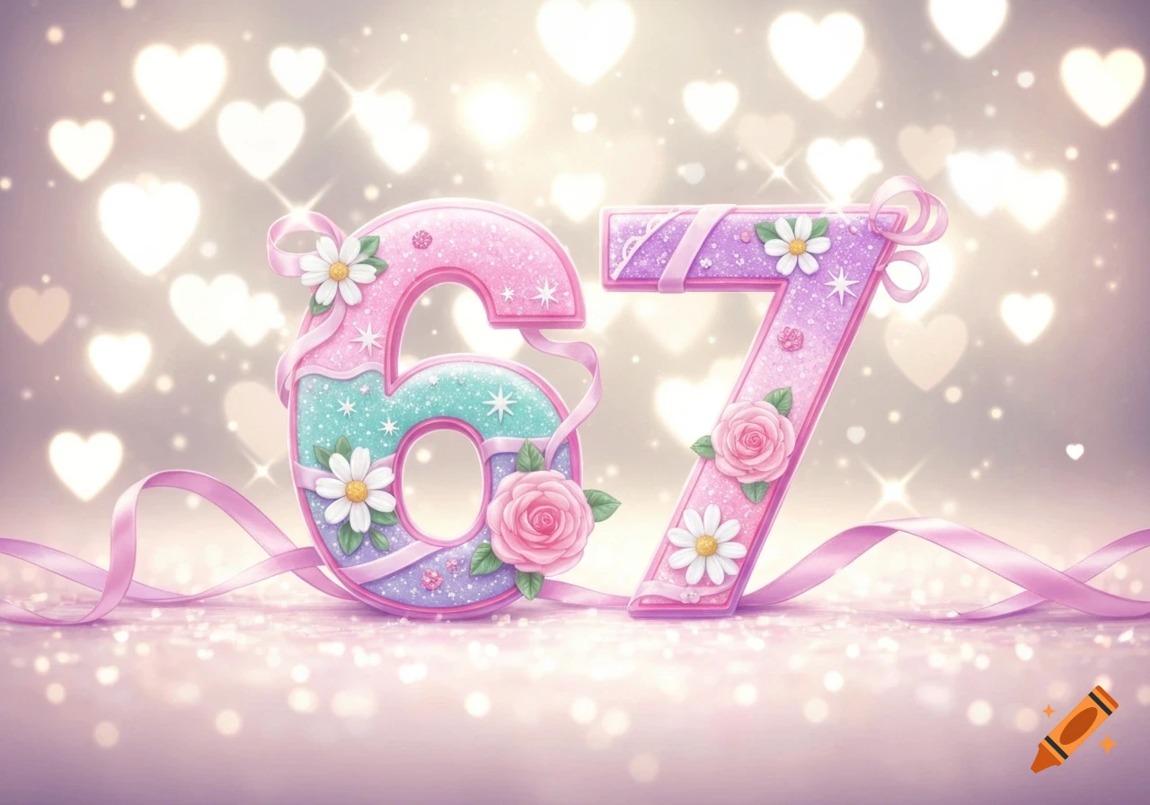 Decorative, glittery numbers '67' adorned with pink ribbons, flowers, and sparkling hearts on a light pink background.