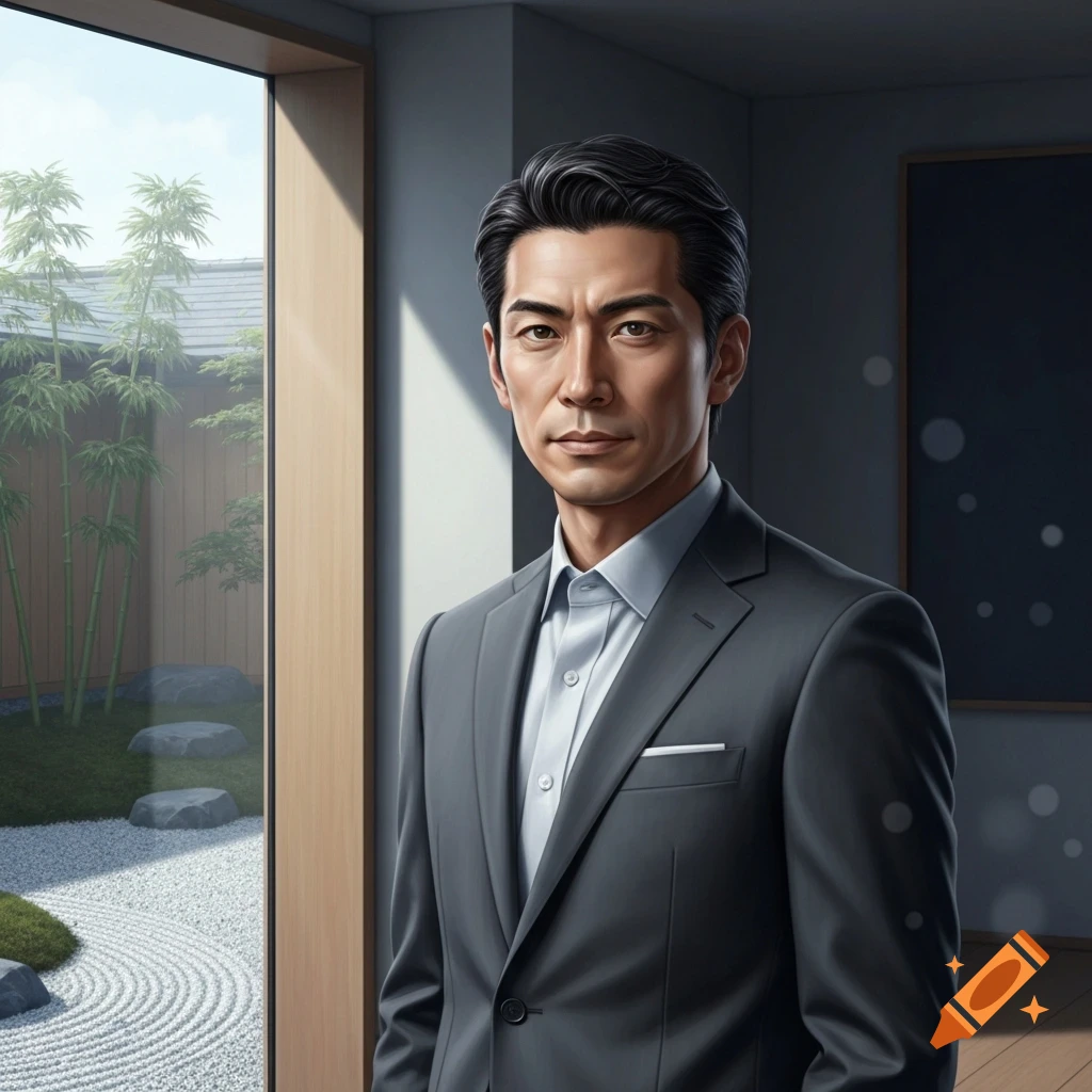 A serious man in a gray suit stands in a modern room with a view of a Japanese garden.