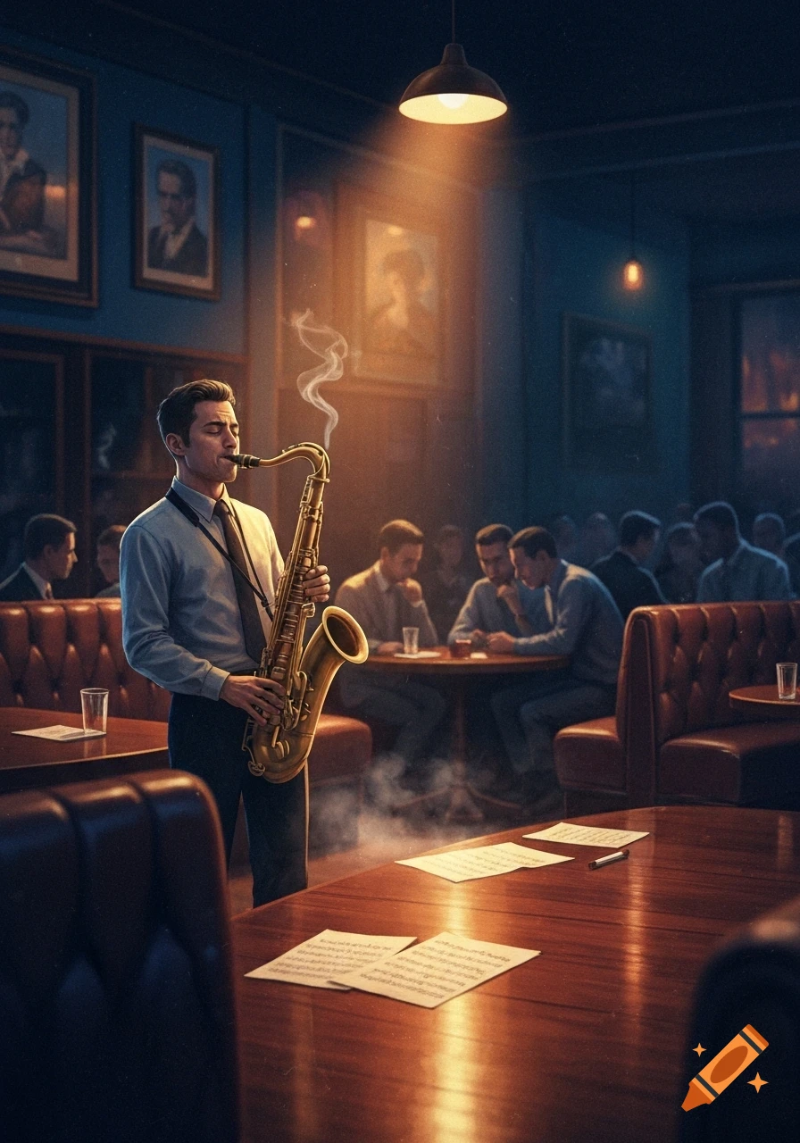 A man in a shirt and tie plays a saxophone under a spotlight in a dimly lit jazz club with patrons seated in the background.