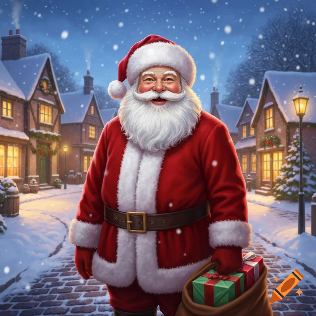 Jolly Santa Claus in a red suit stands on a cobblestone street in a snowy village at night, holding a sack of gifts.