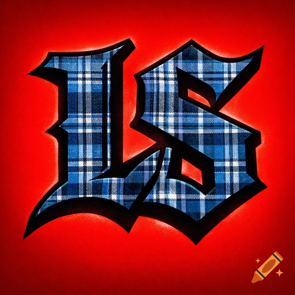 Stylized blackletter "LS" with a blue plaid pattern on a plain neon red background.