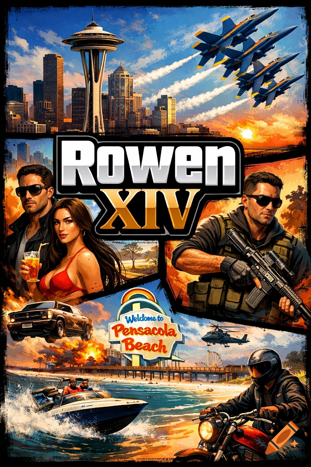 A vibrant collage-style poster, similar to Grand Theft Auto cover art, featuring 'ROWEN XIV' title, Seattle skyline, Blue Angels, diverse characters, and Pensacola Beach scenes.