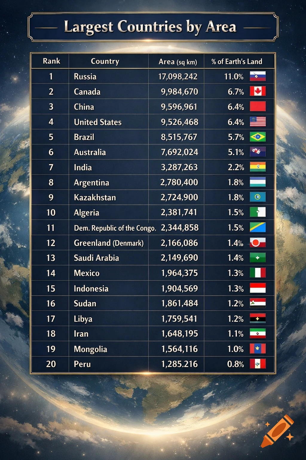 A table titled 'Largest Countries by Area' lists 20 countries by rank, name, area in square kilometers, percentage of Earth's land, and their national flags, set against a background of Earth from space.