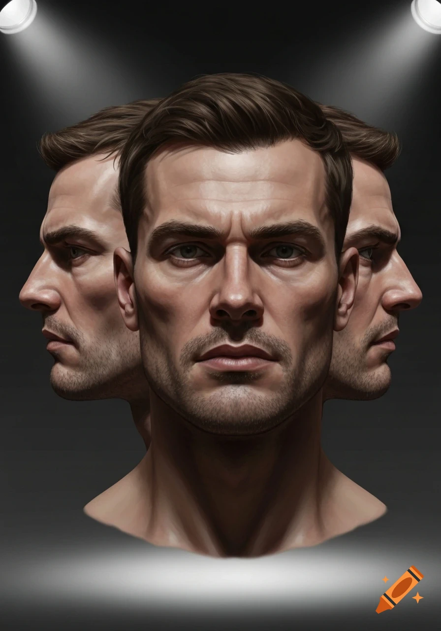 A close-up, photorealistic digital painting of a man's head shown from three angles: a full frontal view flanked by two profile views on either side, all under dramatic spotlighting.