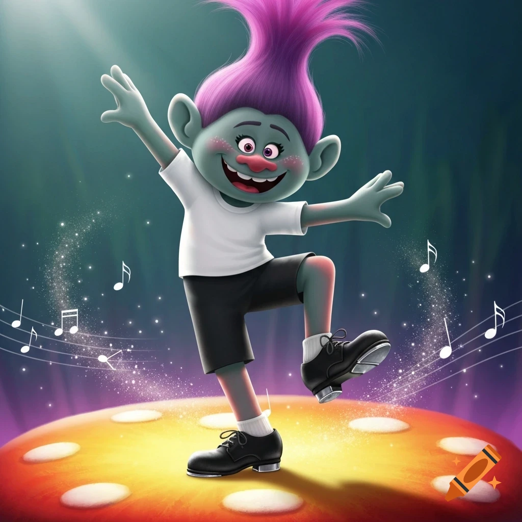 Animated character Branch from Trolls tap dancing on a mushroom stage, wearing a white t-shirt, black shorts, and black tap shoes, with musical notes and sparkles.