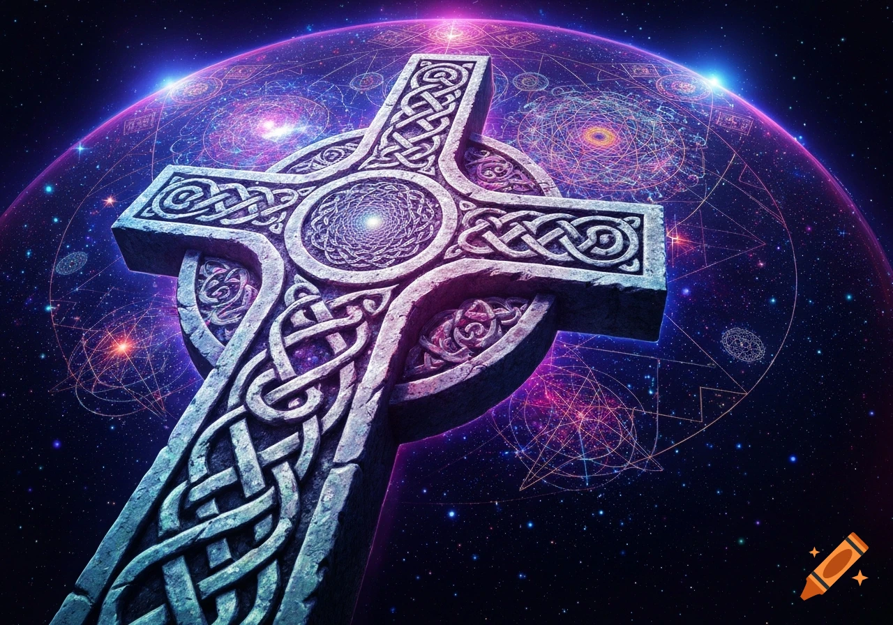 A stone Celtic cross with intricate knotwork against a vibrant, star-filled cosmic background with glowing purple and blue nebulae, in a psychedelic style.