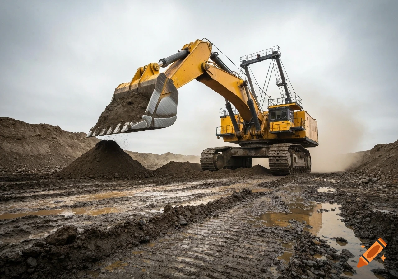 A large yellow excavator lifts a bucket of dirt in a muddy, industrial mining site under an overcast sky.