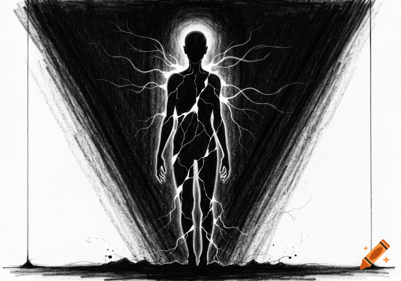 Black and white sketch of a glowing human silhouette with cracks and tendrils, standing in a shaft of light.