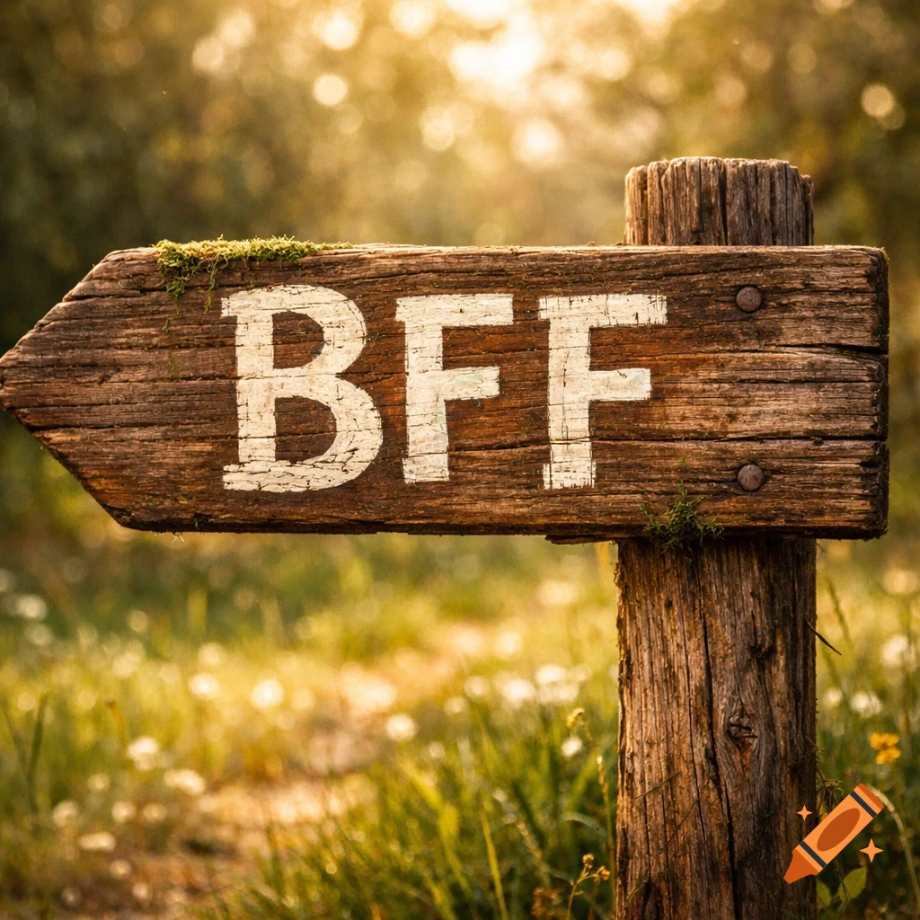 A weathered wooden sign pointing left with 'BFF' painted on it, surrounded by sunlit grass and wildflowers in a natural setting.
