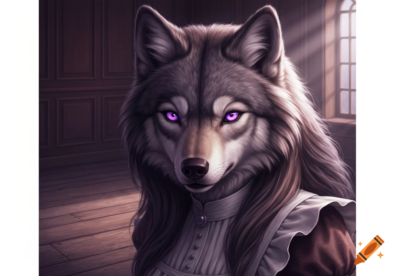 Fantasy portrait of a gray wolf-like creature with purple eyes, long hair, and an elegant white dress indoors.