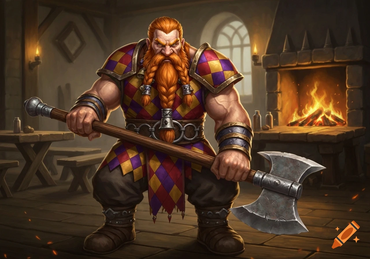A powerful, red-bearded dwarf barbarian in harlequin armor wields a large axe in a cozy, firelit tavern.