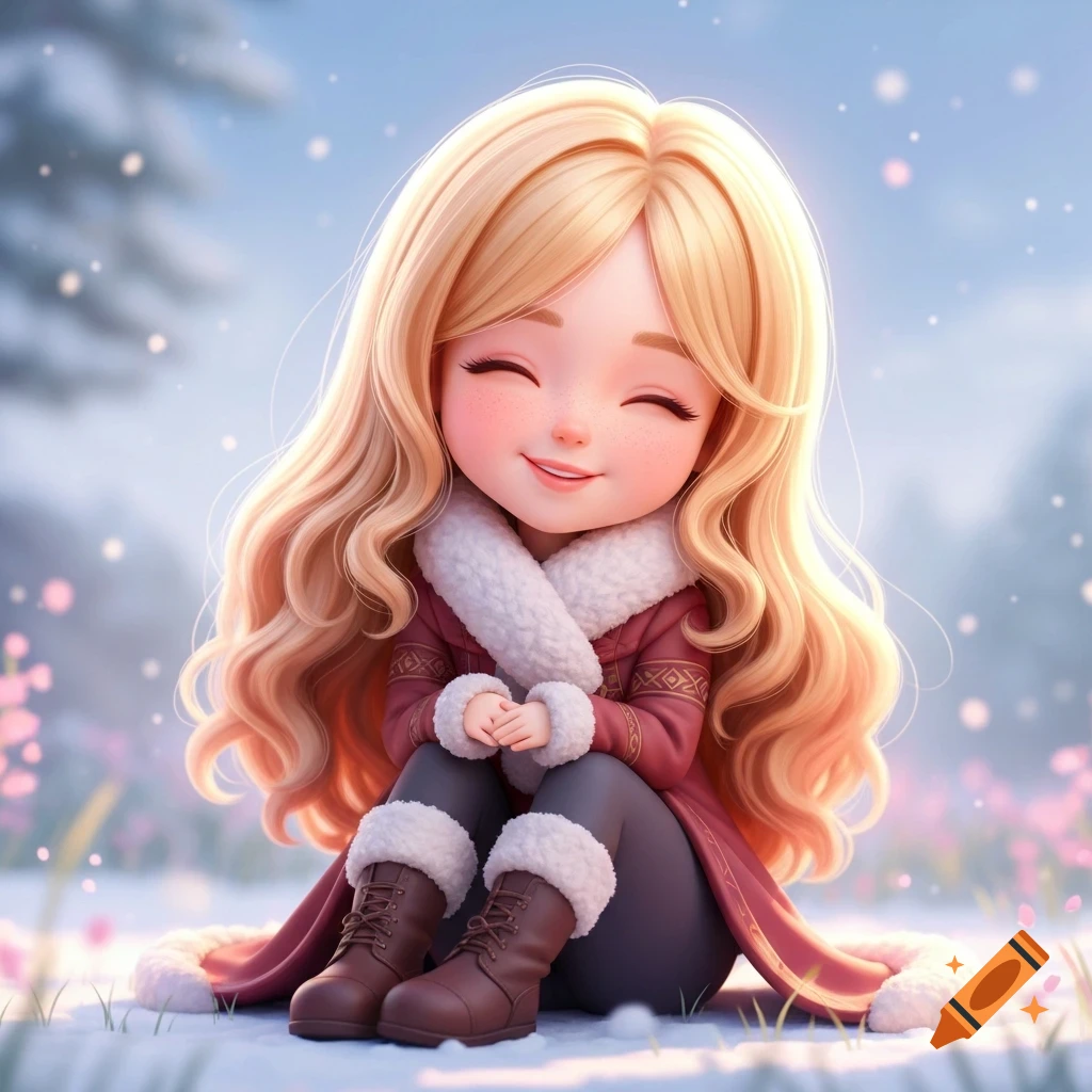A cute chibi girl with long blonde wavy hair smiles with closed eyes, sitting bundled in a red coat on snowy ground.